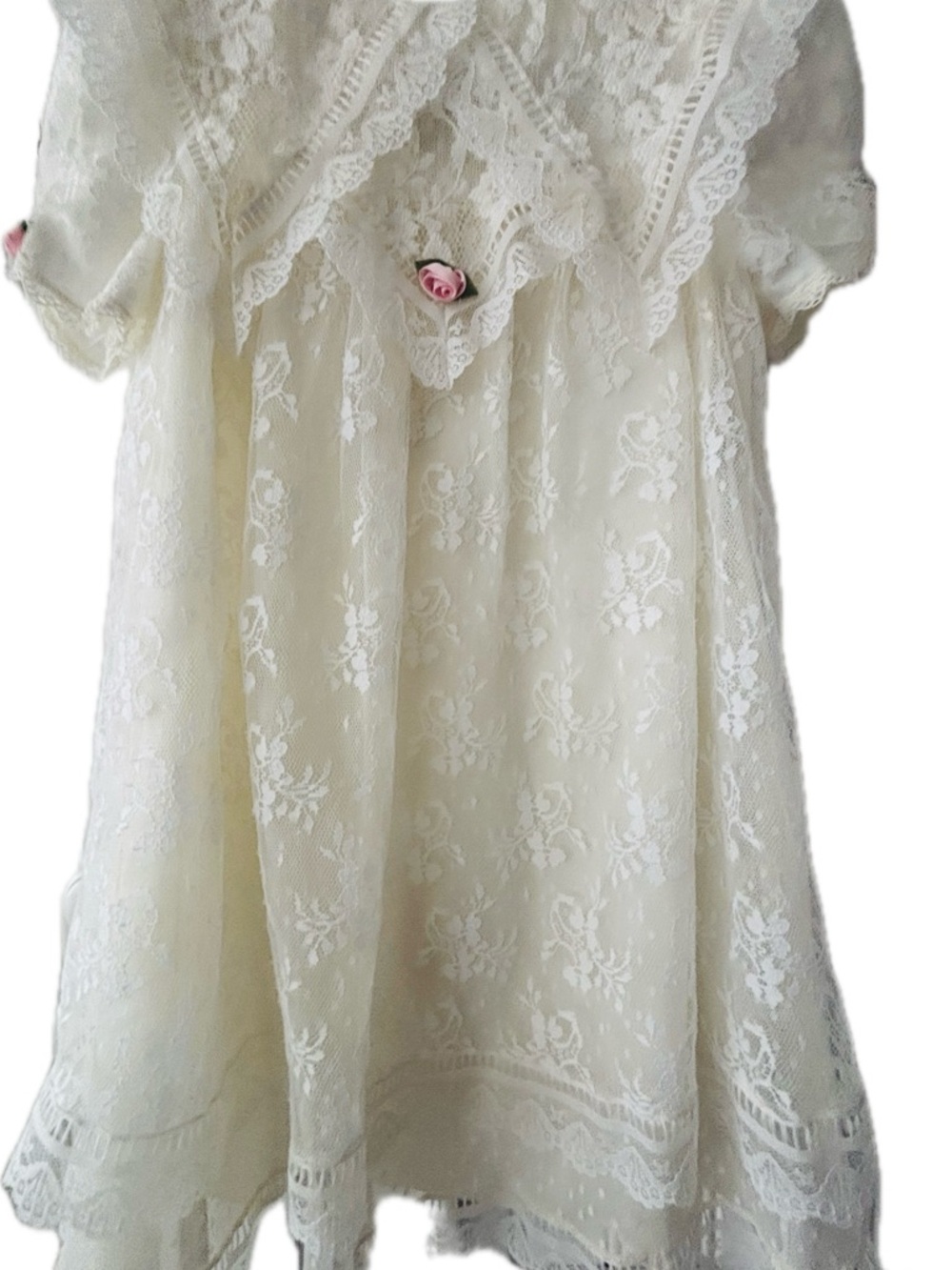 Jessica McClintock Vintage Ivory Lace Formal Dress with Pink Rose Accent